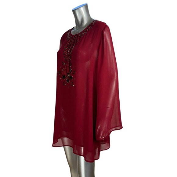 Diane Gillman Boho Sheer Red Tunic Beaded Rhinestone Embellishments & Tassel Tie - Picture 3 of 6